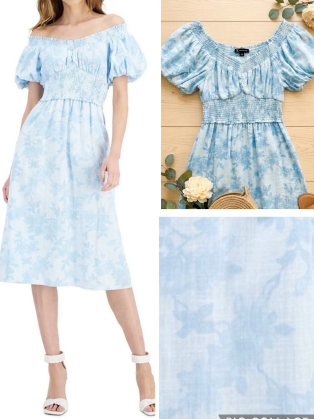 INC International Concepts Sky Blue Floral Smocked Off Shoulder Dress Jolene L
